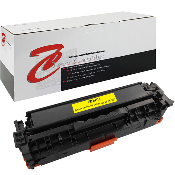 A white box with black and red text containing a Point Plus yellow remanufactured toner cartridge for HP printers.