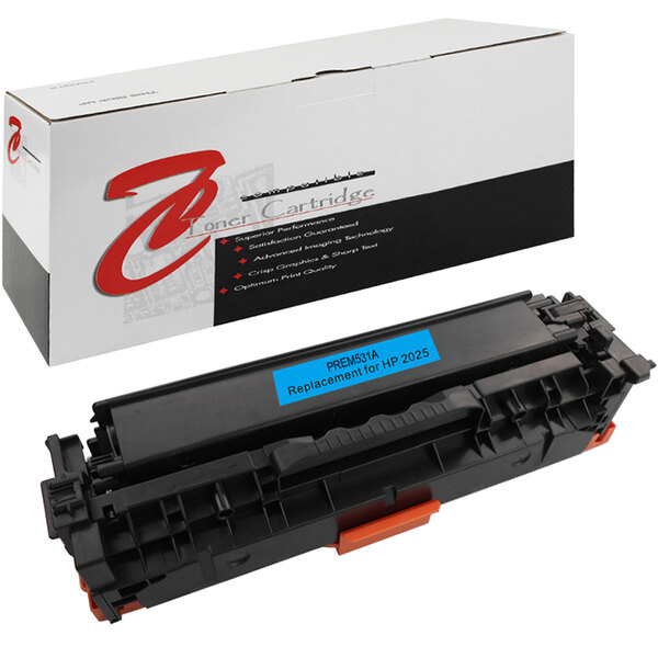 A white and black box with a red label and a Point Plus cyan and black toner cartridge with a blue label.
