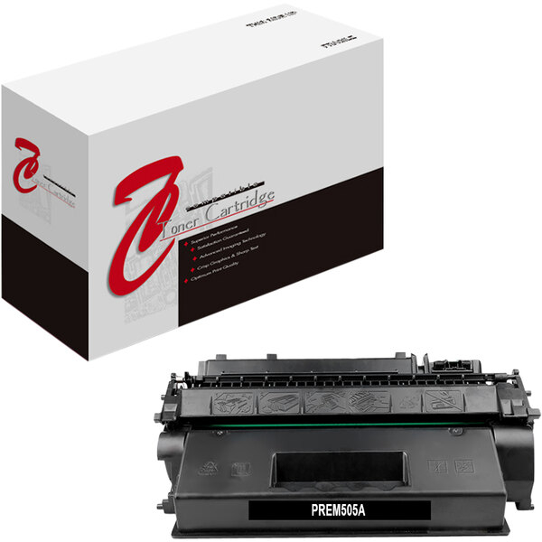 A Point Plus black remanufactured toner cartridge for HP CE505A in a white box.