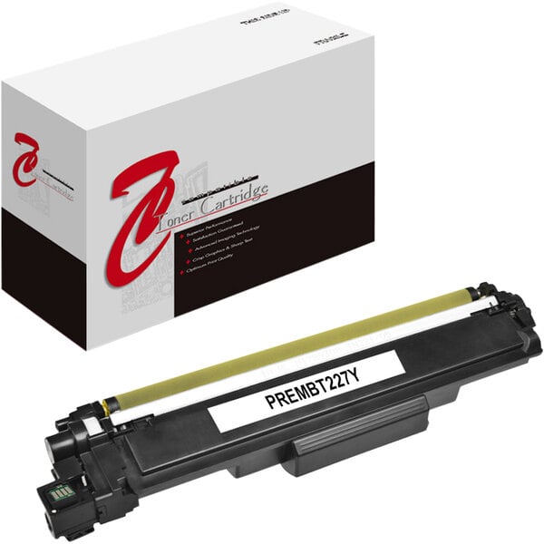 A remanufactured black printer toner cartridge with a yellow label for Brother printers.