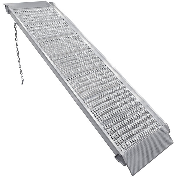 A silver metal Vestil walk ramp with chains on it.