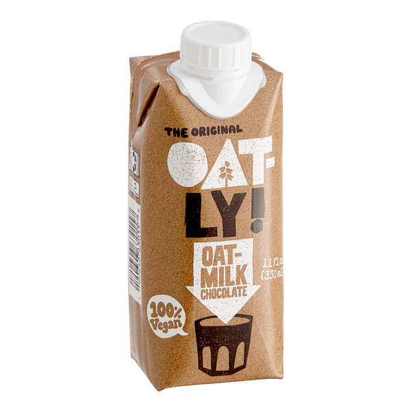 An 11 fl. oz. brown carton of Oatly chocolate oat milk with a white cap.