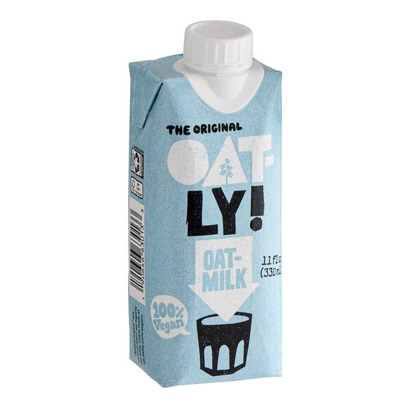 An Oatly Original oat milk carton with a black and white logo.