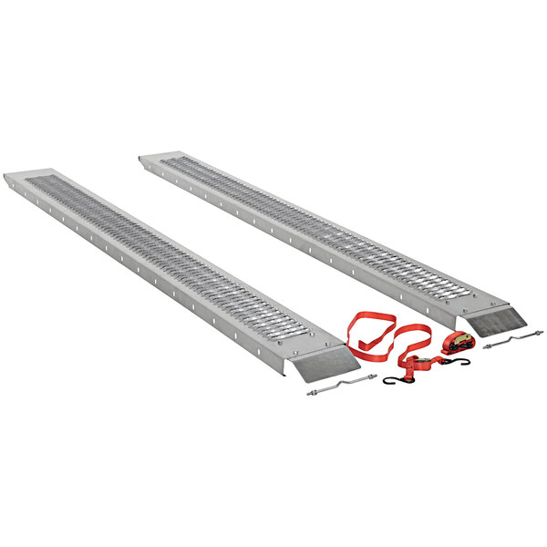 Two metal Vestil loading ramps with red straps.