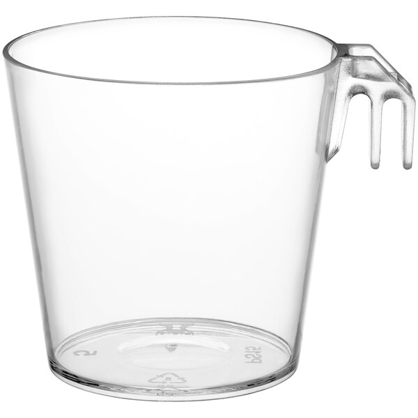 A clear hard plastic shot glass with a hook.