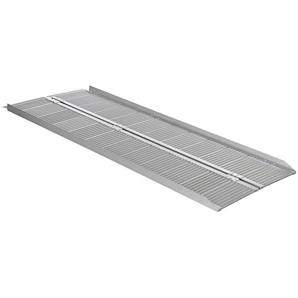 A silver aluminum Vestil single-fold loading ramp with two metal bars.