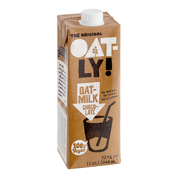 A brown Oatly carton of chocolate oat milk with a white cap.