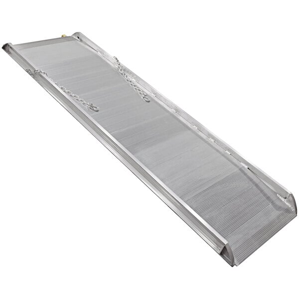 A silver aluminum walk ramp with a steel hook.