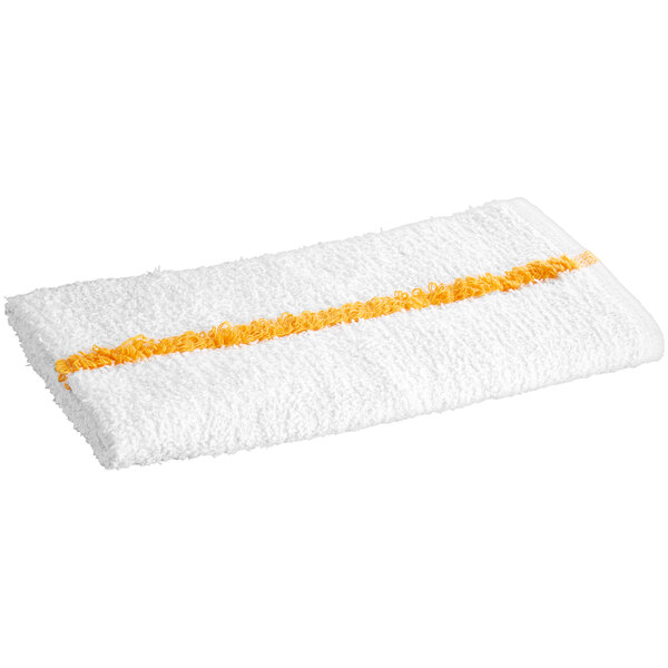 A white towel with yellow stripes.