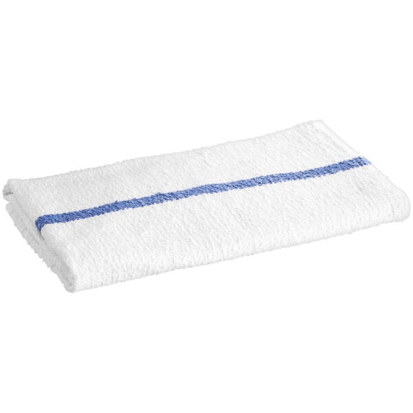 A white towel with blue stripes on it.