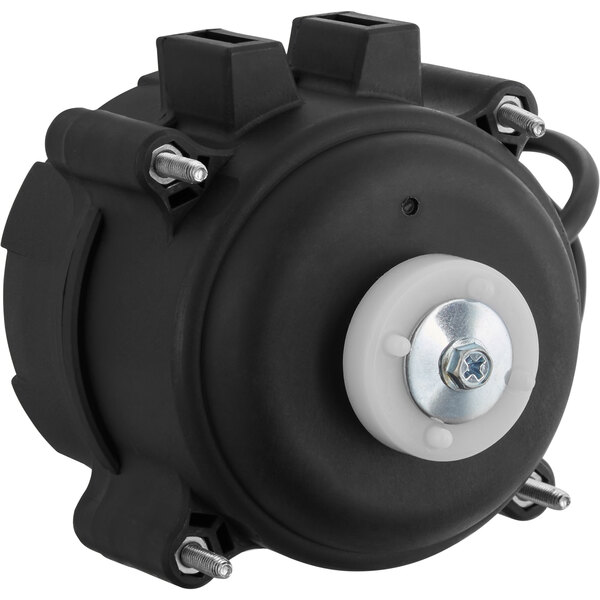 A black round Avantco evaporator fan motor with a white circle cover.
