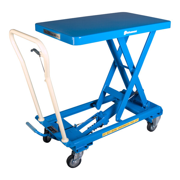 A blue Bishamon MobiLift scissor lift table with wheels and white handles.