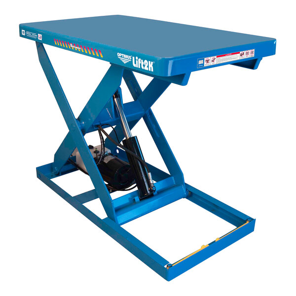 A blue Bishamon scissor lift table with a hydraulic lift.
