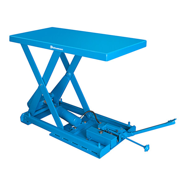 A blue Bishamon scissor lift table with a blue handle.