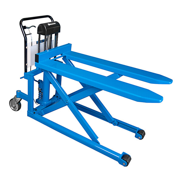 A blue Bishamon skid lift with black wheels and a black handle.