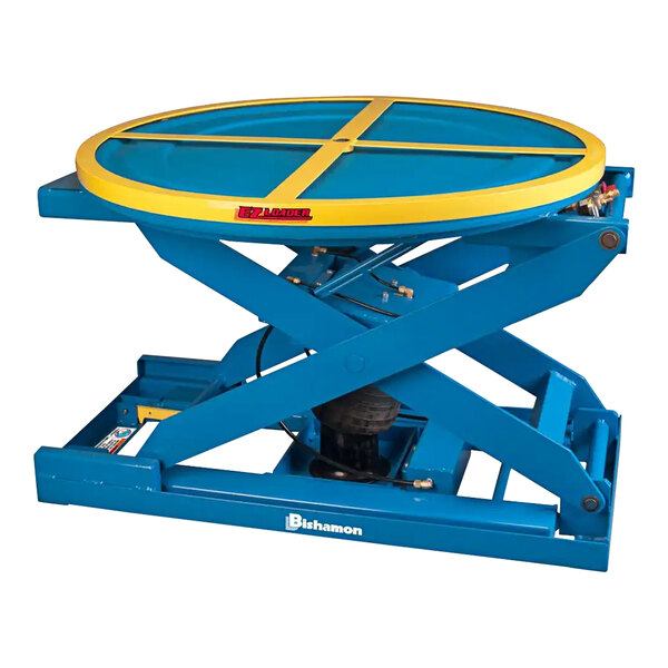 A blue and yellow Bishamon self-leveling scissor lift table with a blue wheel.