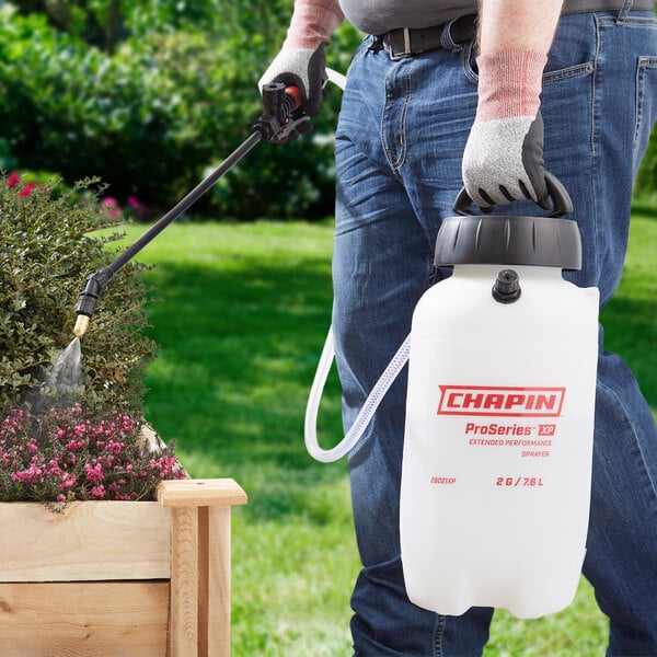 A person using a Chapin Pro Series multi-purpose sprayer to spray plants.
