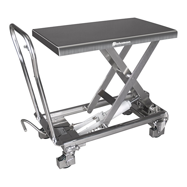 A grey metal Bishamon MobiLift scissor lift table with wheels.