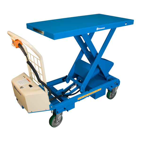 A blue Bishamon MobiLift battery-powered mobile scissor lift table with a white cart.