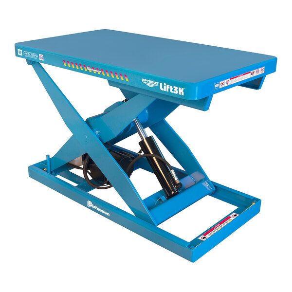A blue Bishamon Optimus Lift5K scissor lift table with a hydraulic lift.