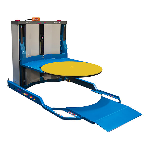 A blue and yellow Bishamon pallet positioner with a yellow table.