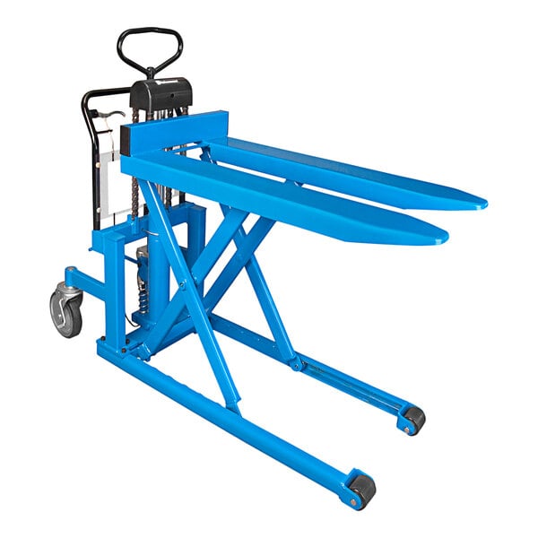 A blue Bishamon SkidLift with wheels and a handle on top.