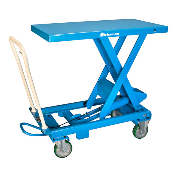 A blue Bishamon MobiLift manual mobile scissor lift table with wheels.