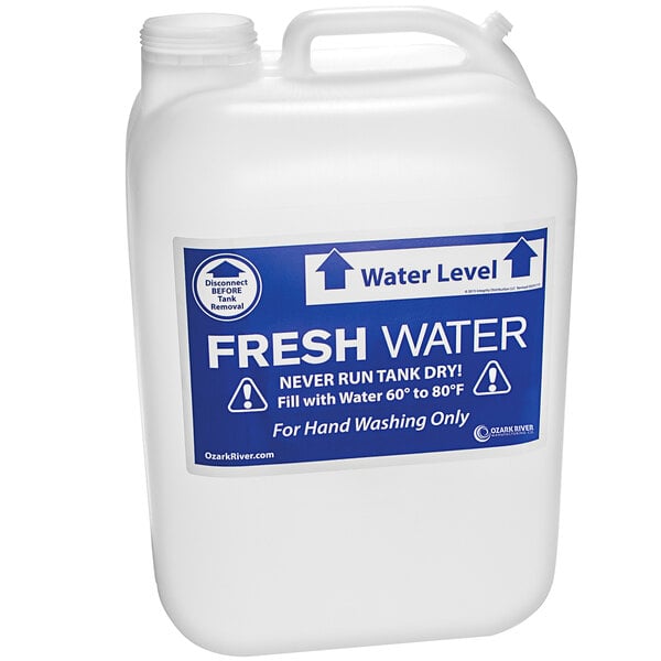 A white plastic container with a blue label containing 5 gallons of fresh water.
