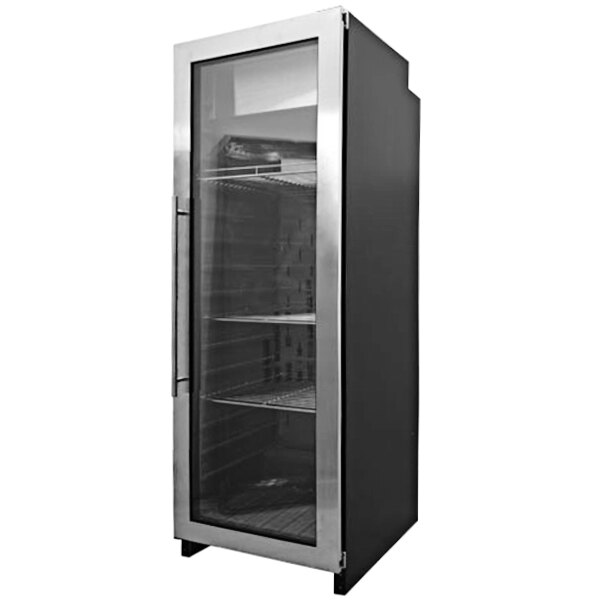 An Omcan dry aging cabinet with glass doors.