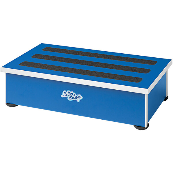 A blue step stool with black rubber feet.