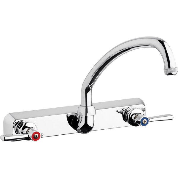 A chrome Chicago Faucets wall-mounted faucet with silver and red lever handles.