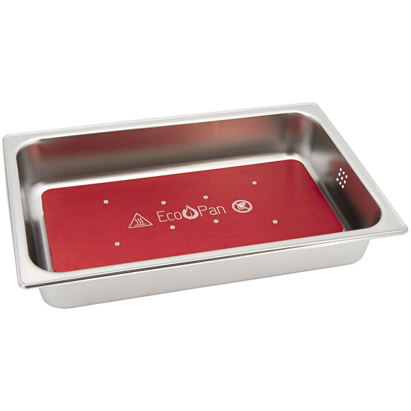An EcoBurner EcoPan water pan for chafing dishes on a counter in a school kitchen.
