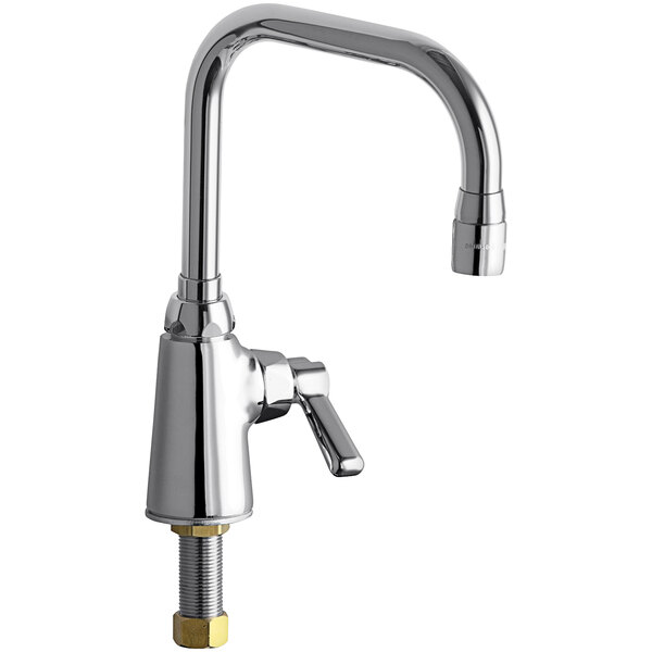 A Chicago Faucets deck-mounted single-hole faucet with a brass single lever.