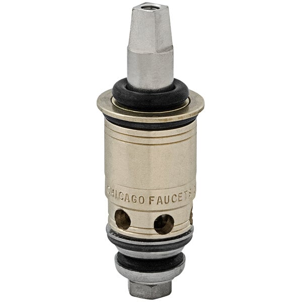 A Chicago Faucets brass Quaturn compression cartridge in display packaging.