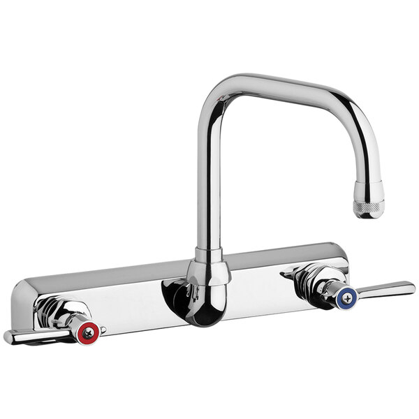 A silver and chrome Chicago Faucets wall-mounted faucet with red and silver handles.