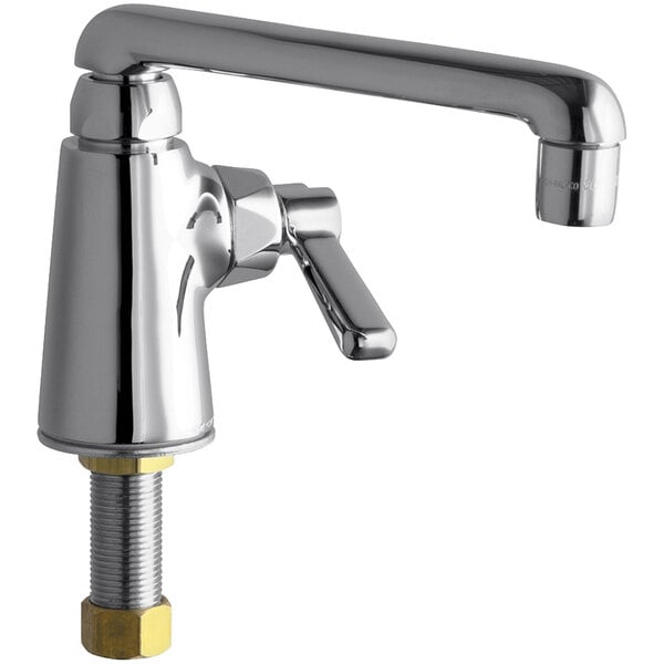 A Chicago Faucets deck-mounted faucet with a metal handle and brass accents.