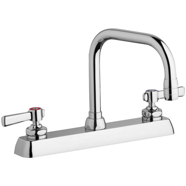 A chrome deck-mounted Chicago Faucets faucet with two lever handles.