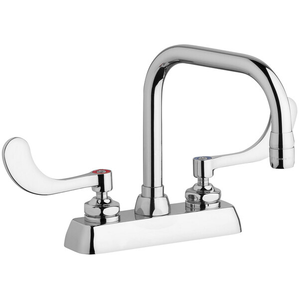 A silver Chicago Faucets deck-mounted faucet with 4" fixed centers and a 6 1/4" rigid / swing double-bend spout and two handles.