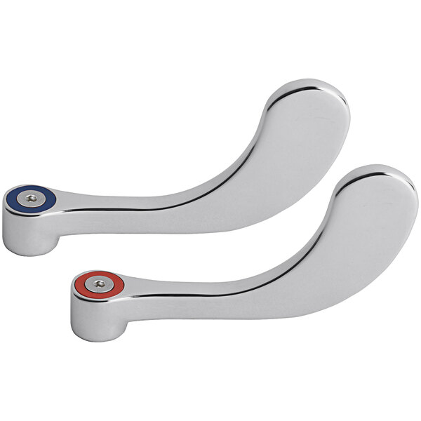 A pair of silver Chicago Faucets wristblade handles with red and blue buttons.