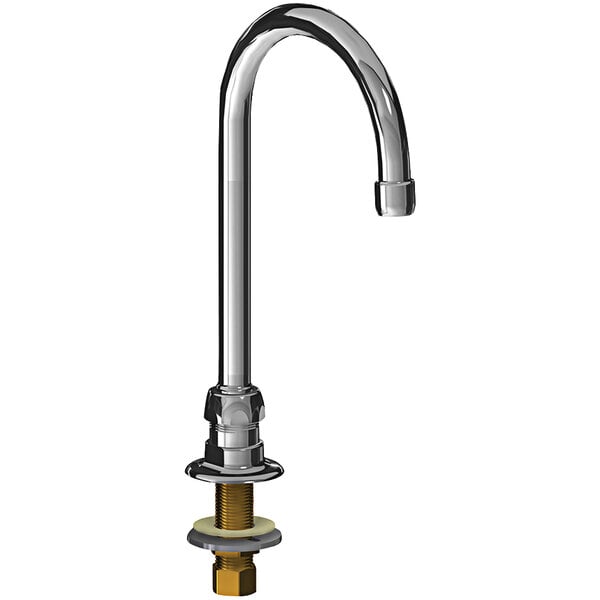 A silver Chicago Faucets deck-mounted gooseneck spout with a brass nut.