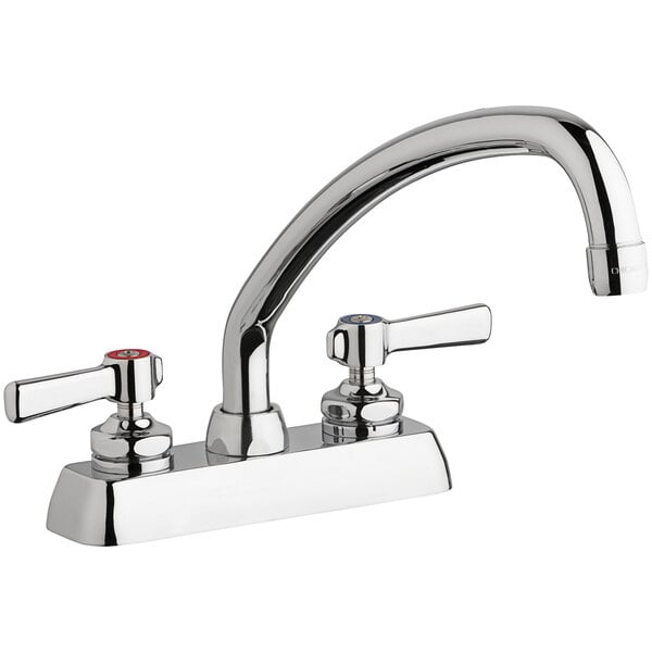 A silver and chrome Chicago Faucets deck-mounted faucet with 2 lever handles.