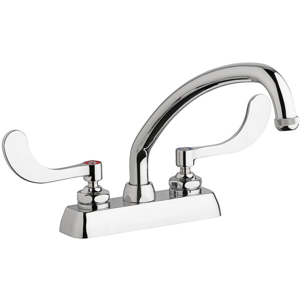 A silver Chicago Faucets deck-mounted faucet with two wristblade handles and an L-type swing spout.