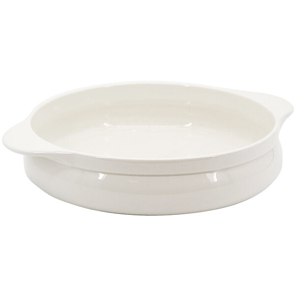 A white round bowl with handles.