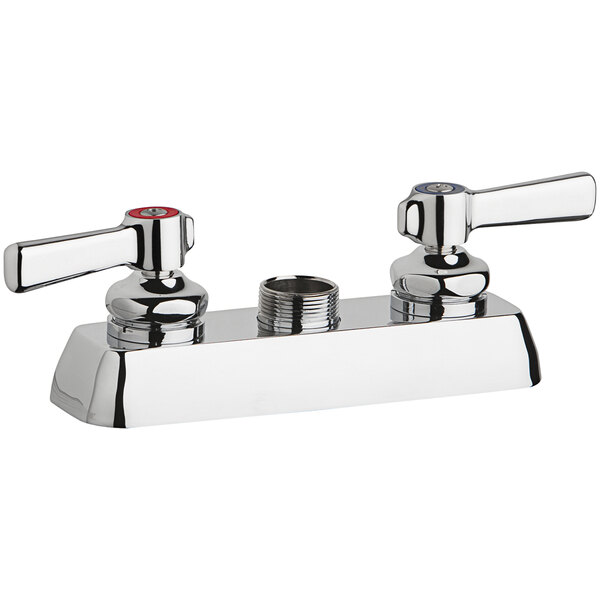 A silver rectangular Chicago Faucets deck-mounted base with two metal pipes and two lever handles.