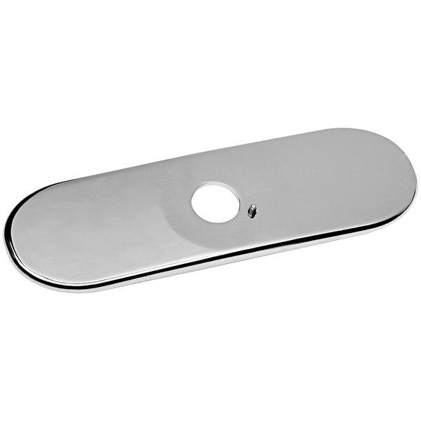 A chrome plated silver rectangular Chicago Faucets cover plate with a hole in the center.