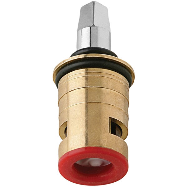 A brass and red Chicago Faucets left-hand ceramic operating cartridge.