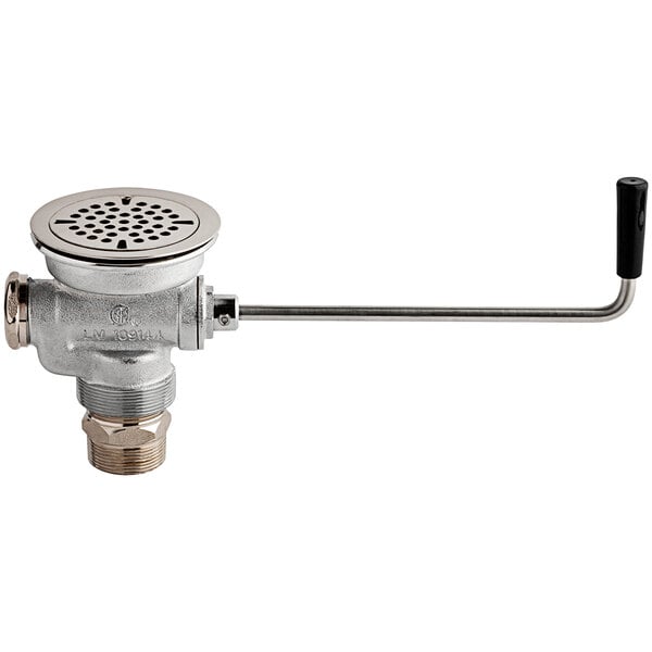 A Chicago Faucets rotary drain valve with a metal handle.
