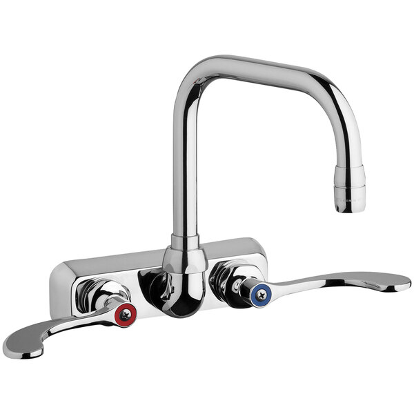A silver Chicago Faucets wall-mounted faucet with red and blue knobs.