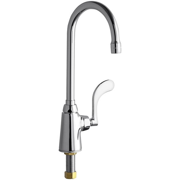 A silver Chicago Faucets deck-mounted single-hole faucet with a gold handle.