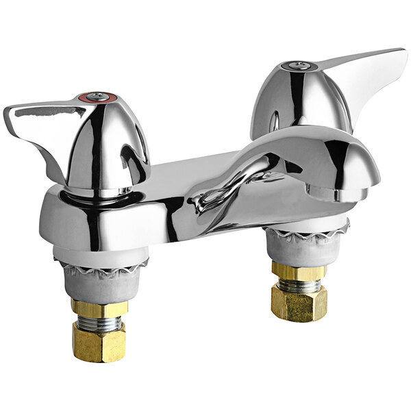 A Chicago Faucets deck-mounted faucet with 4" fixed centers, a cast brass spout, and 2 canopy handles.